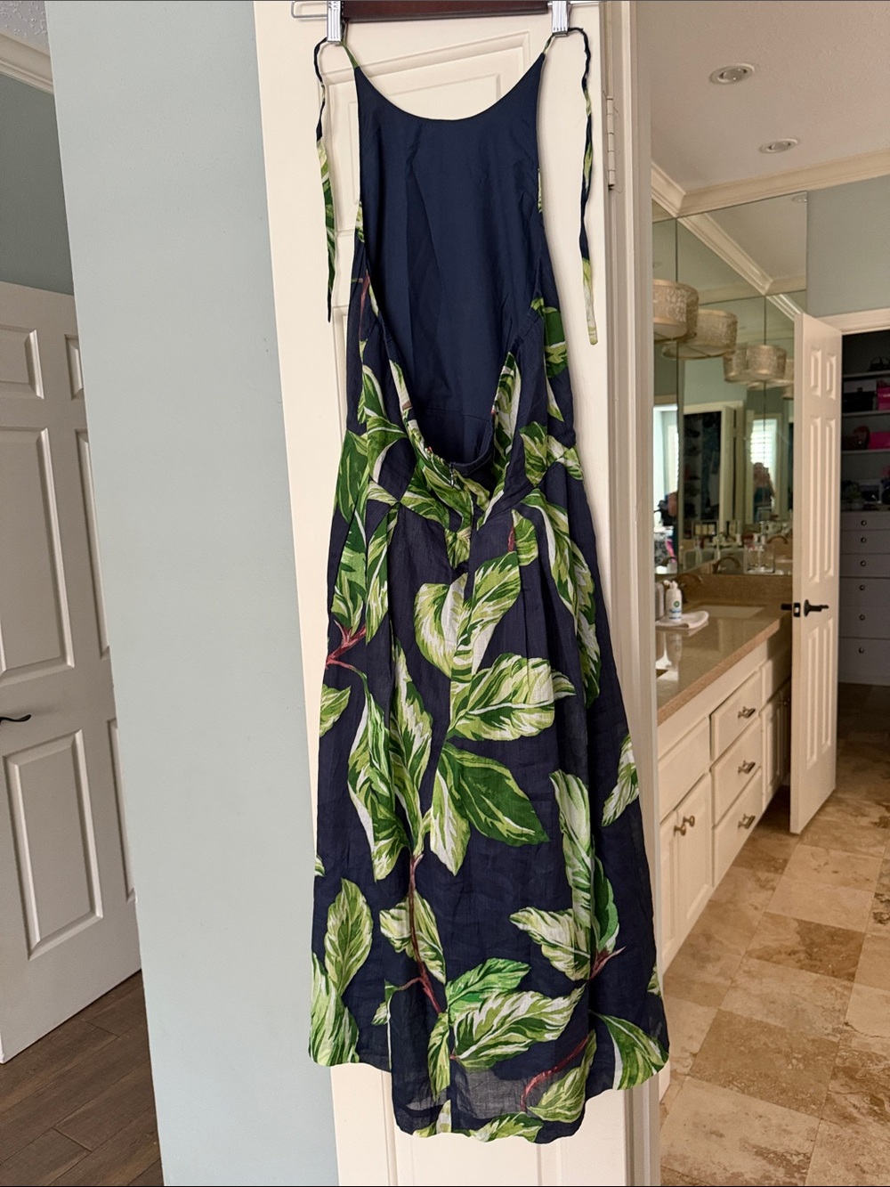 Ann Taylor Navy Midi Dress with Green Leaf Print, Linen with navy lining - Picture 2 of 3